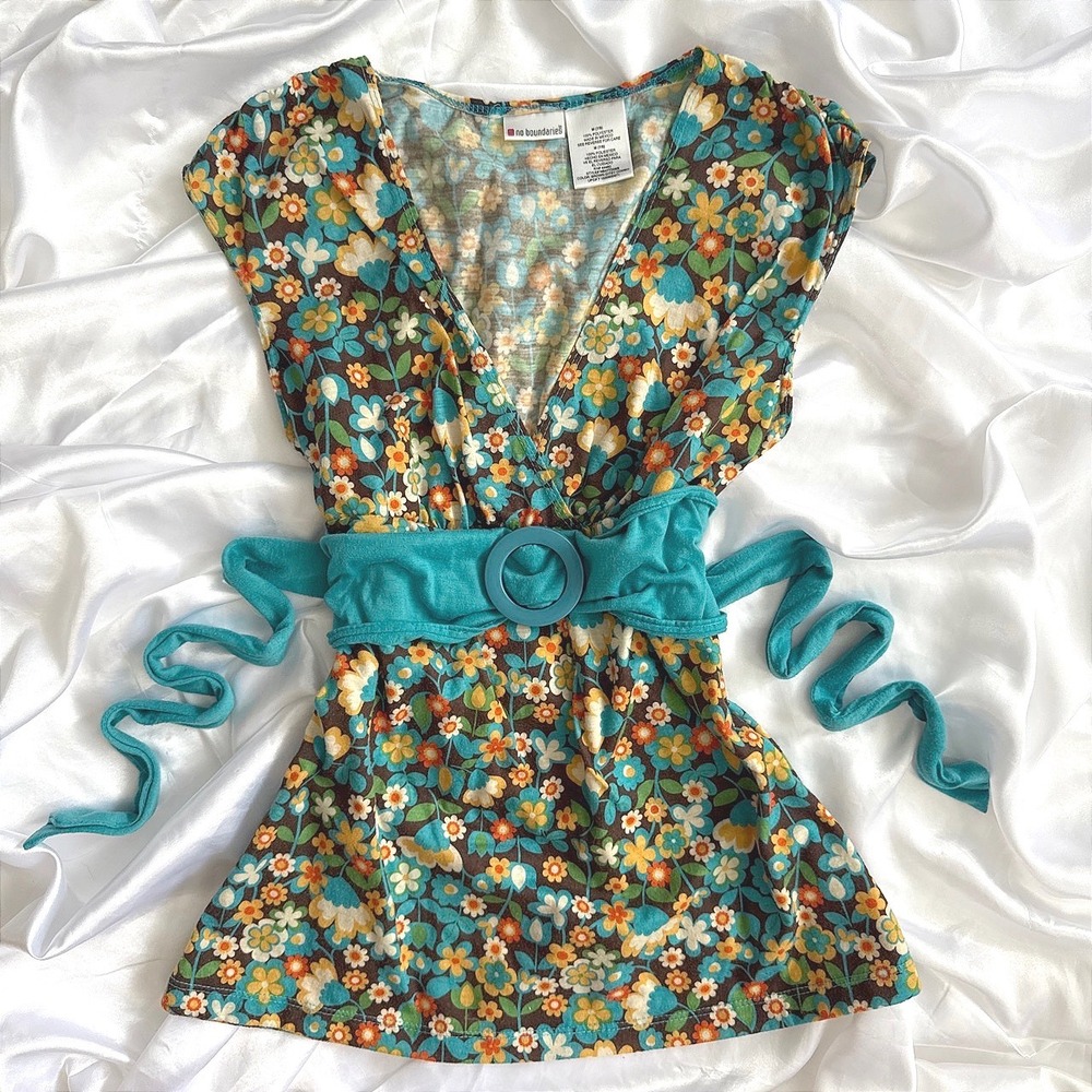 No Boundaries Floral V-Neck Empire Waist Top Teal Belted Brown Ditsy Print M 7/9